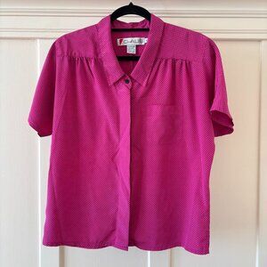 80s Vintage Twee Hot Pink Polka Dot Short Sleeve Button Down Blouse Claus MEDIUM